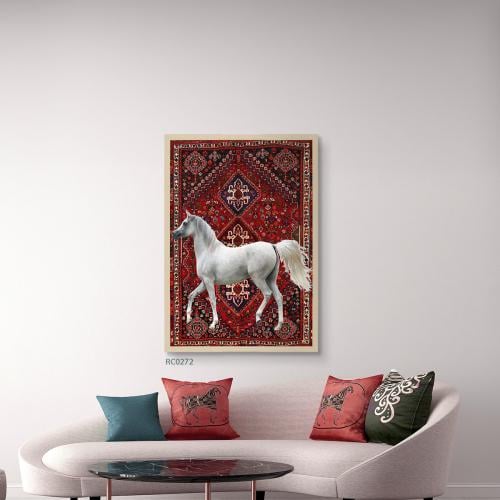 لوحة فنية جدارية كانفس خيل أبيض مع خلفية  أسلامية نقوش سجاد